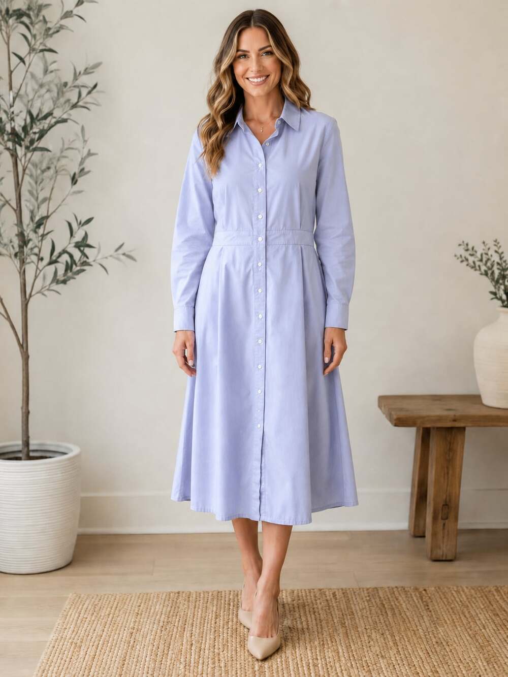 J. Crew Factory Light Blue Button-Front Midi Shirt Dress L